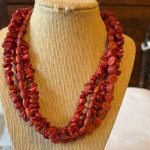 Elegant Red Coral Chip Multi-strand Beaded Necklace